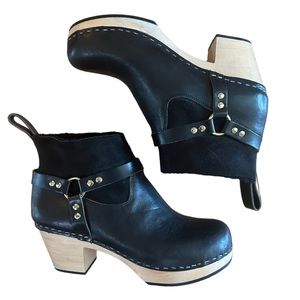 Swedish Hasbeens Shearling Black Booties with Gold Hardware